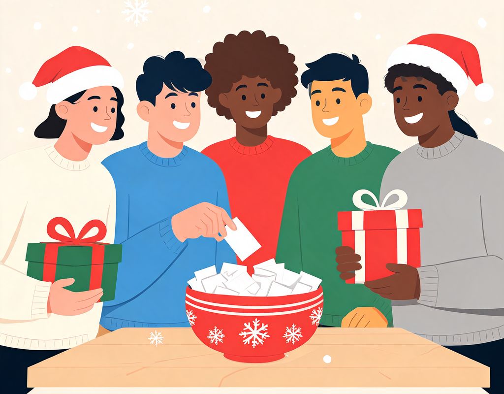 Le tirage au sort d’un Secret Santa en famille : cinq personnes en pull de Noël autour d’une table, l’une pioche un papier dans un saladier plein de noms, les autres tiennent leur cadeau.